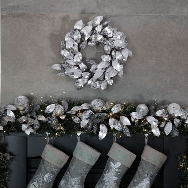 Silver Frost Christmas Personalised Silver Stockings and Antique Silver Leaf Garland