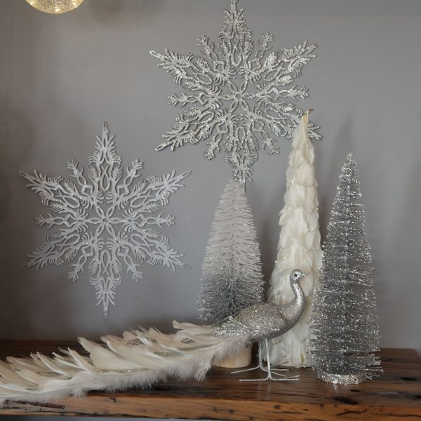 Silver Frost Christmas - Silver and White Jewelled Feather Peacock and Bottle Bush trees