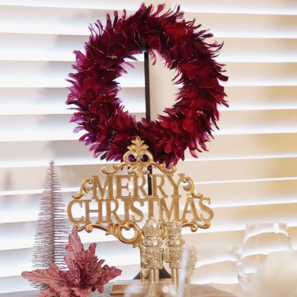 Sugar Plum Christmas Burgundy Feather Wreath with Merry Christmas Sign