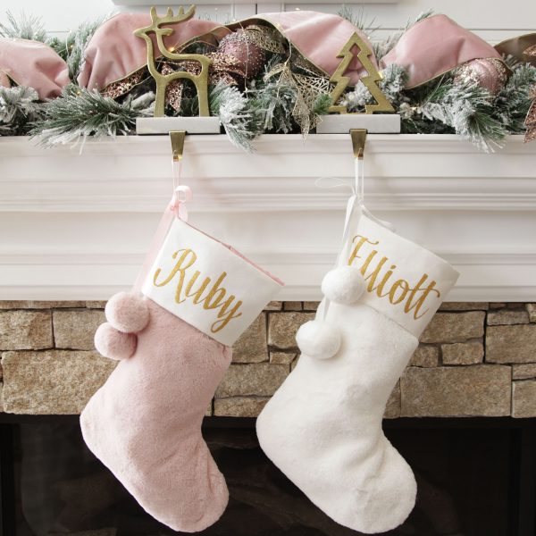 Sugar Plum Christmas Mantle Pink and White Fur Stockings with Pom Poms Hanging