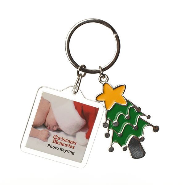 Acrylic Keyring with Christmas Tree Charm and a baby photo