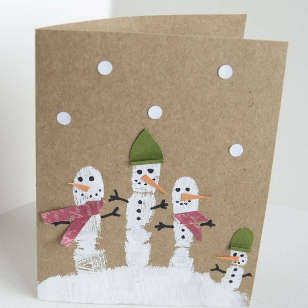 Christmas Card with 4 Snowmans wearing Hats and scarfs