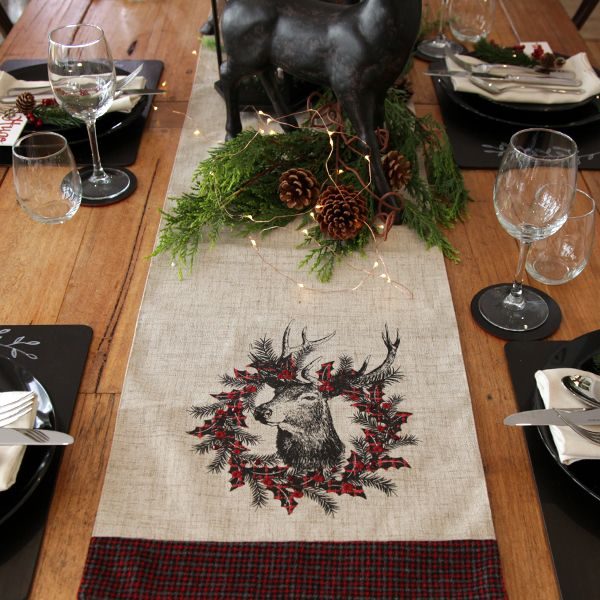Vintage Reindeer Table Runner with Pinecone and Garland