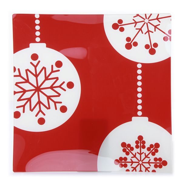 Glass Plate red with snowflake design 12x12