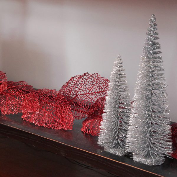 Red glitter mesh ribbon with Silver Bottle Brush Tree - Small and Medium