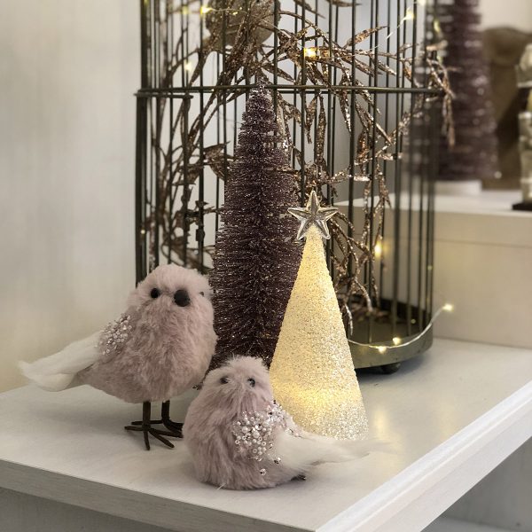 Blush Christmas Lifestyle - Pink Velvet Beaded Standing/Sitting Bird and Burgundy Bottle Brush Tree with a Cage behind