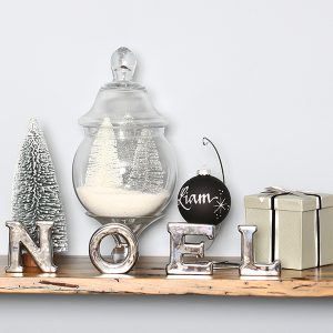 Mini trees Inside a Glass Jar with Artificial Snow with Personalised Black Bauble, CHristmas Gift and a table top tree