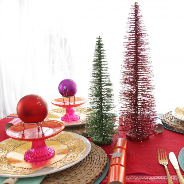 Falalala Llama Christmas Fiesta Table Top Trees with Personalised Red and Purple Christmas Bauble