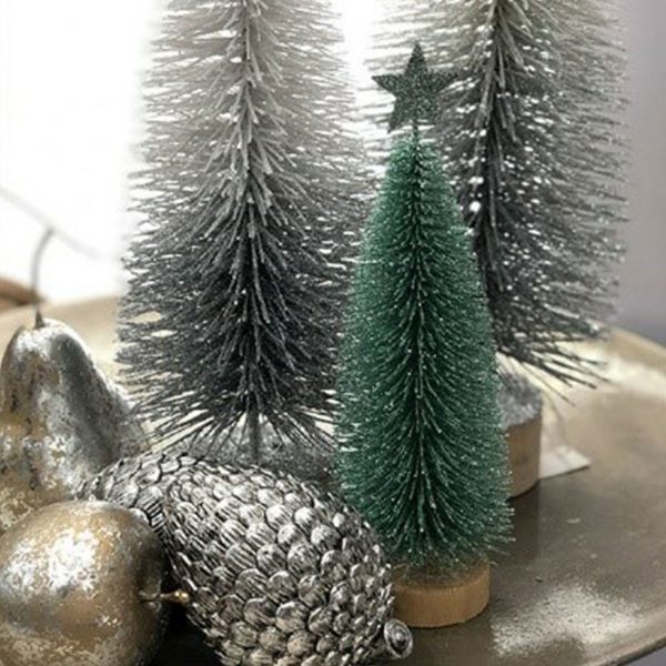 Bottle Brush Tree with Medium White and Silver Ombre Glitter Bottle Brush Tree and Silver Polyresin Pinecone Ornament