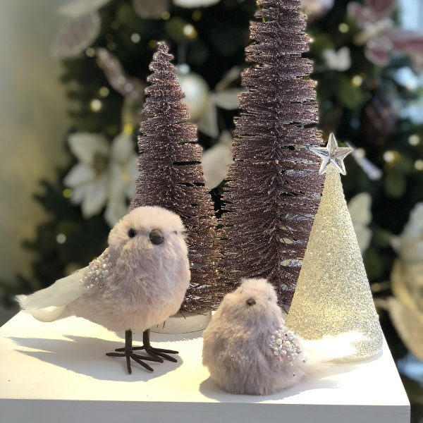 Blush Christmas Burgundy Bottle Brush Tree - Small Set of 2 with Pink Velvet Beaded Standing Bird and sitting Bird