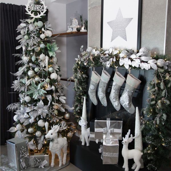 Silver Frost Christmas Tree and Mantle with Personalised Christmas Stockings and Deer Ornament