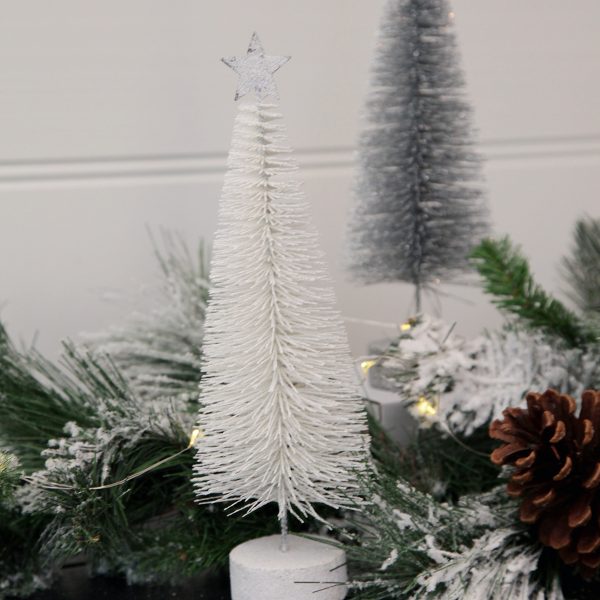 White Bottle Brush Metal Tree with Pinecone and Garland