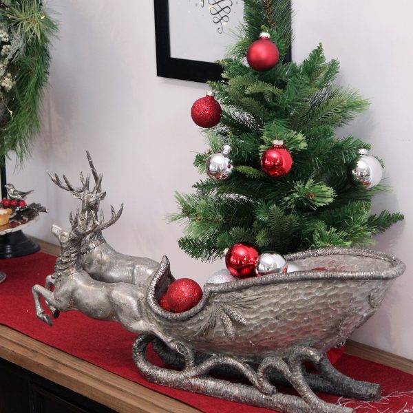 Christmas Sparkle Console with deer in a Sleigh and Evergreen Table Top Christmas Tree and Baubles