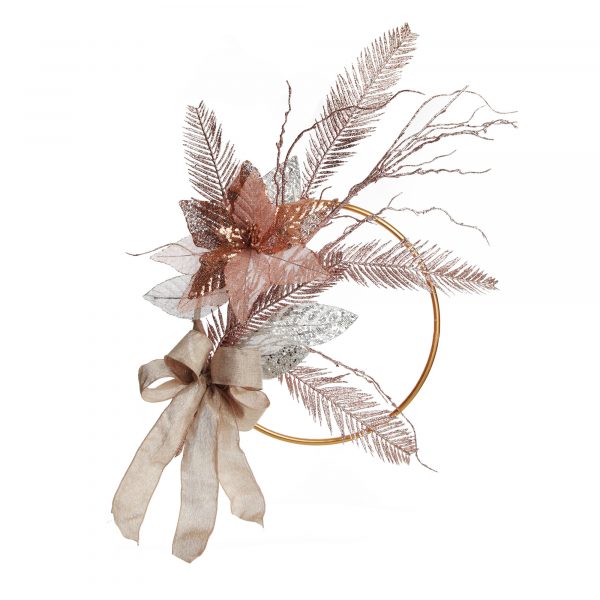 Wreath - Gold Hoop with bow and Rose Gold Glitter Mesh Leaf Spray