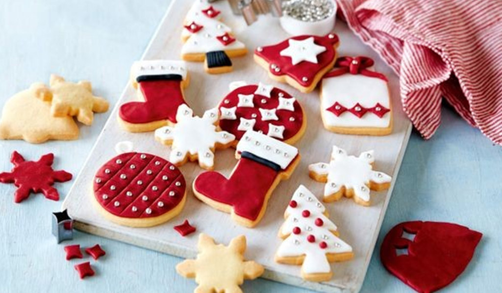 Christmas Cookies Shaped Stockings, Christmas Trees, Baubles, snow and bell featured Image