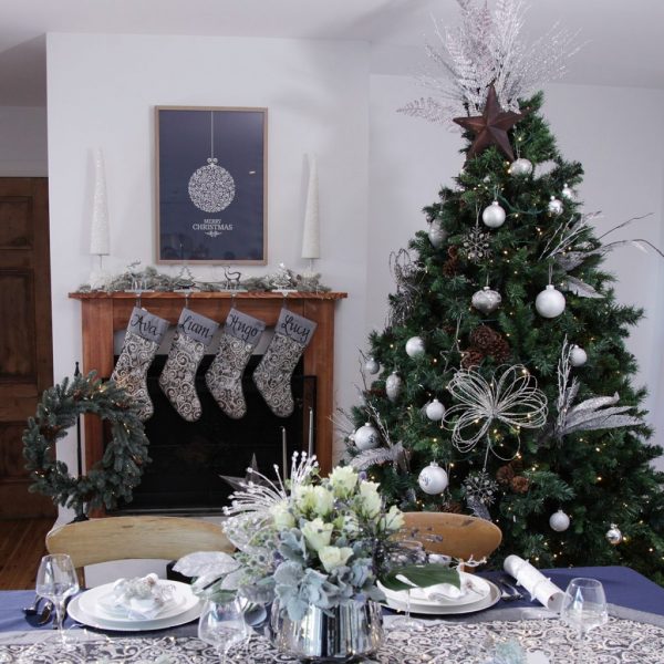 Elegant Christmas Room with a Huge Christmas Tree with Personalised Christmas Stockings, Table settings and Christmas Poster download