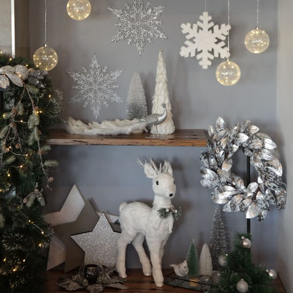 Silver Frost Christmas Ornaments on Shelves