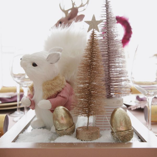 Sugar Plum Christmas Table Ornaments with a Squirrel Ornament wearing her pink Jacket