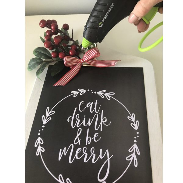 Eat Drink & Be Merry Poster Download with a Set of glue gun, red berry and ribbon