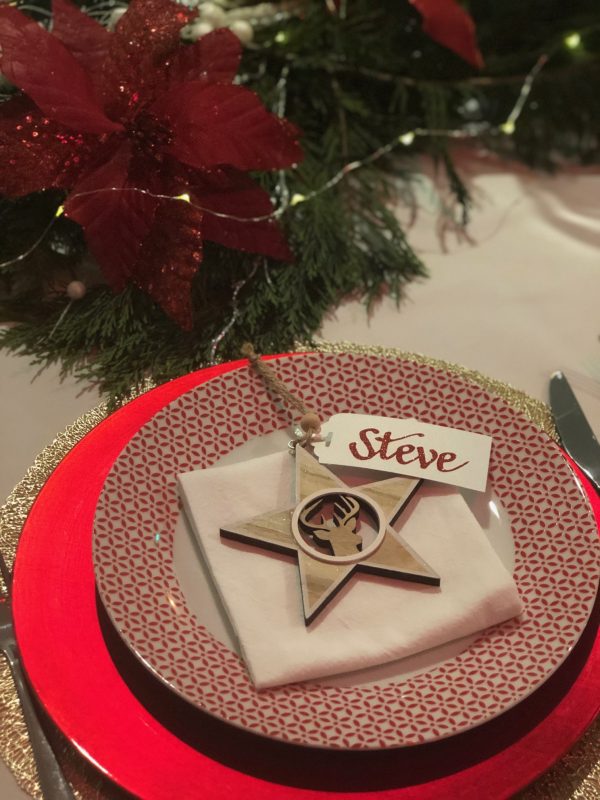 Place setting Single plate with Star Hanging Ornament and Personalised Tag Named Steve