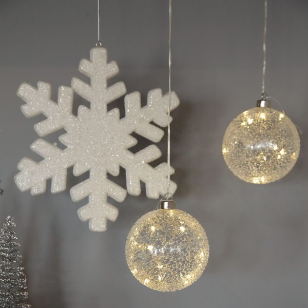 Silver Frost Christmas White Glitter Hanging Snowflake and Light Up Baubles