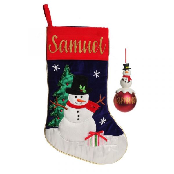 Personalised Snowman Christmas Stocking and Bauble Pack with white background