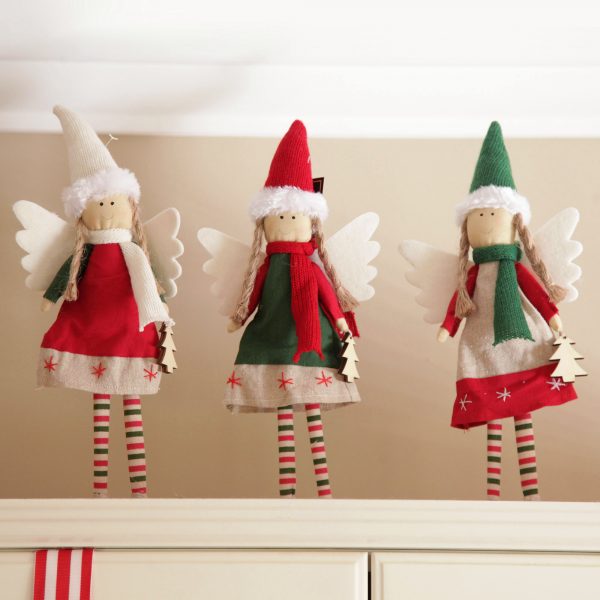 A Christmas Kitchen Fabric Standing Angel 3 Set White Red and Green Hat