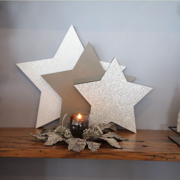 Silver Frost Christmas Plywood Craft Star Tray - Set of 3 - with Silver Velour Poinsettia Candle Wreath
