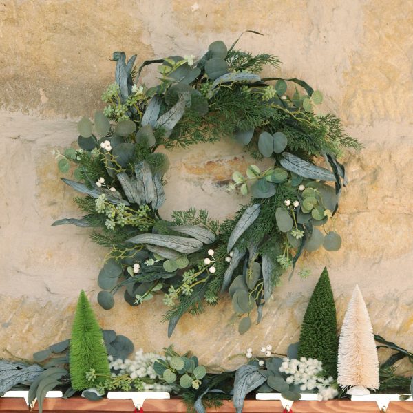 Bush Christmas Native Eucalyptus Leaf Christmas Wreath with White Berries and Small Ivory and Green Bottle Bush Trees Set of 2