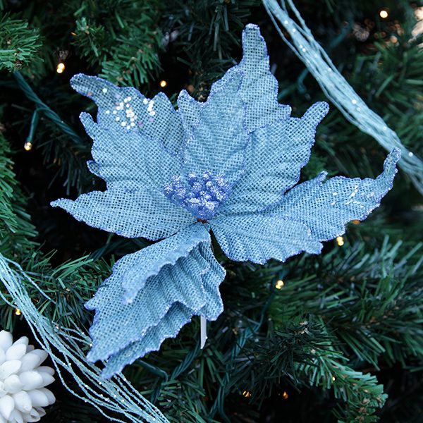 Seafoam Blue Burlap Flower Attached in a Christmas Tree