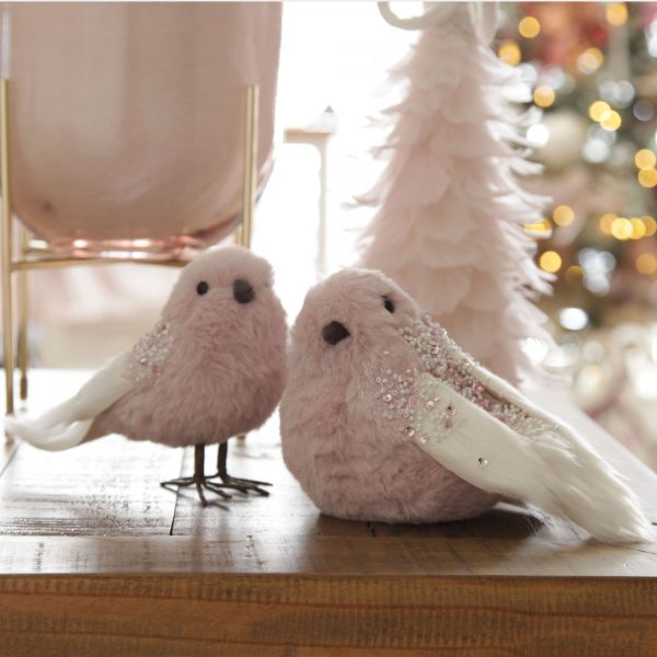 Sugar Plum Christmas Light Pink Flur Bird with Rhinestones Sitting and Standing Ornaments