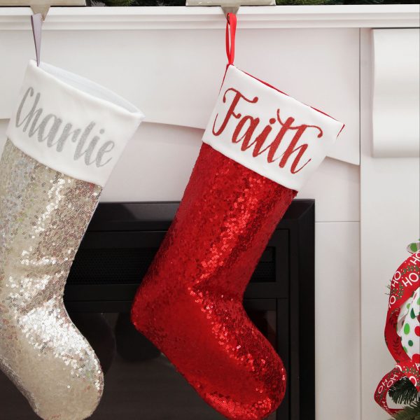Candy Cane Christmas Personalised Red Silver Sequin Christmas Stockings