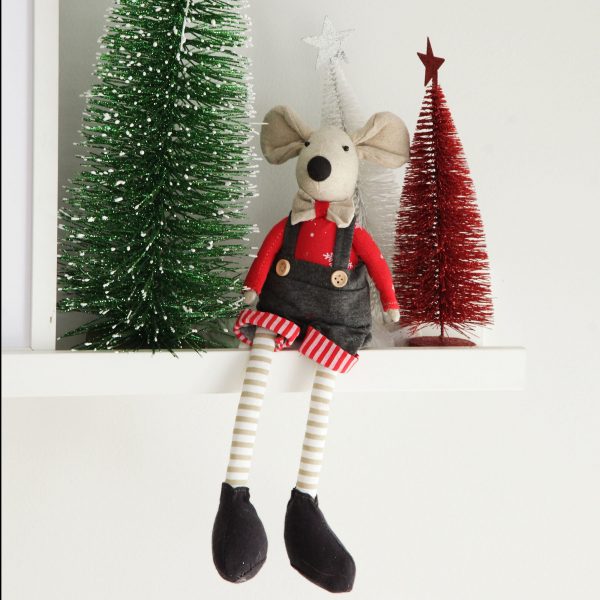 Candy Cane Christmas Natural Calico Fabric Girl Mouse with Grey Overalls and Stripey Legs