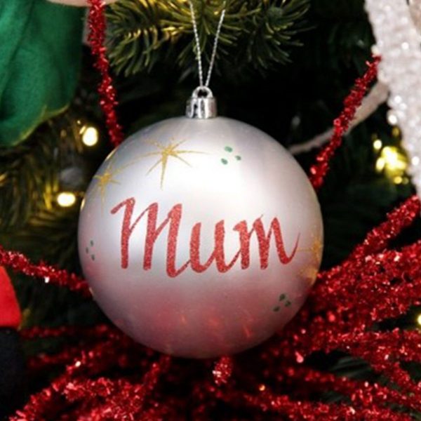 Personalised Silver Bauble with Glitter Named Mum