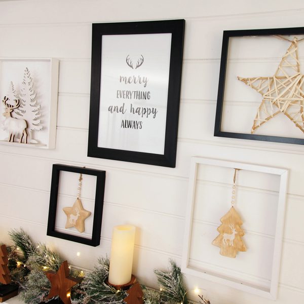 Merry Everything and Happy Always Poster Download with Stars and Deer Designs Hanging in a Wooden Wall
