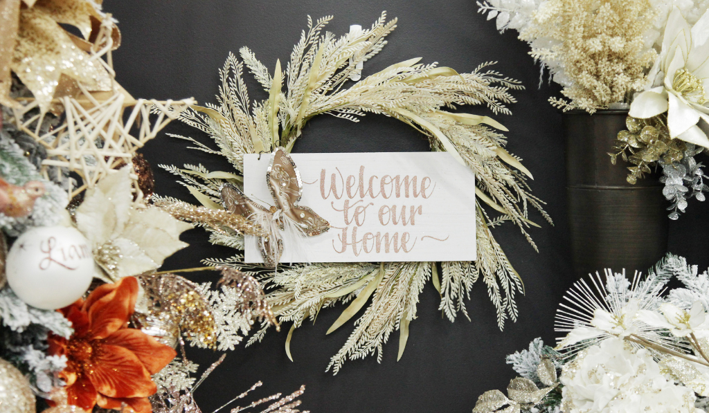 Boho Glam Christmas Natural Wheat and Leaves Christmas Wreath Rectangle Country Christmas Wood Plaque with Taupe Sequin and Jewel Butterfly Clip