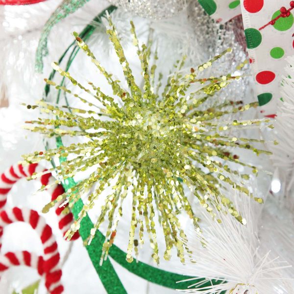 Candy Cane Christmas Lime Green Starbust Sparkle Pick Placed in a Christmas Tree