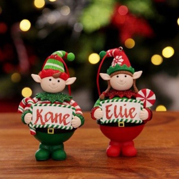 Personalised Boy Elf with Candy Cane Christmas And Personalised Girl Elf with Lollipop Christmas Ornament