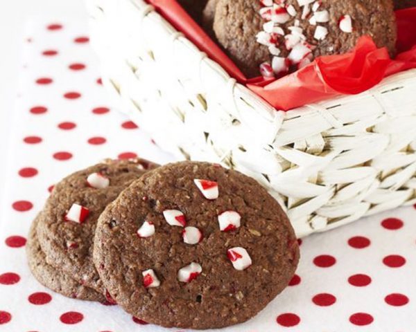 Candy Cane Chip Cookies placed in a rattan basket