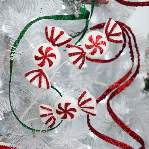 Candy Cane Christmas White Peppermint with Red & Green Glitter Curly Ribbon Christmas Pick Small