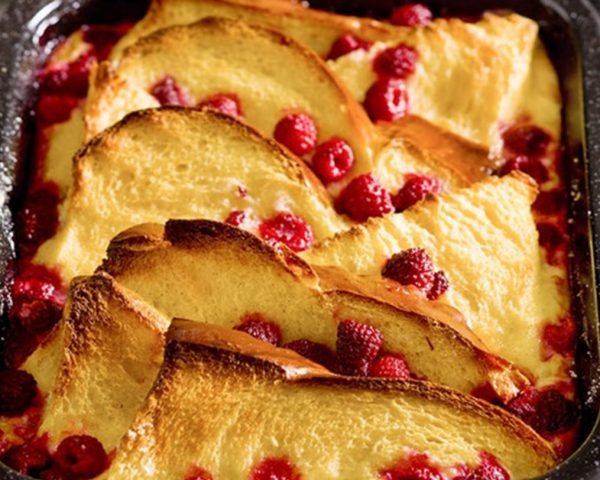 Raspberry Brioche Pudding Baked and Toasted