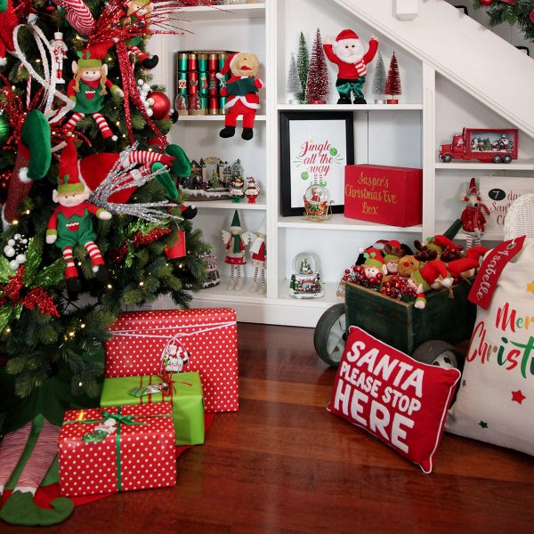 santas litte helper with Santa Please stop here Cushion - Christmas Tree and presents