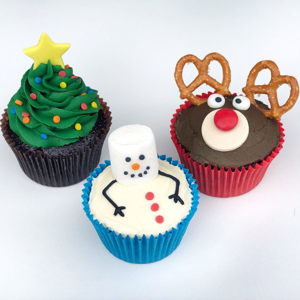 Christmas Cupcakes Design of a Christmas Tree, Reindeer and Snowman
