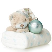 Personalised Blue Bauble Named Charlie with Teddy and Blanket