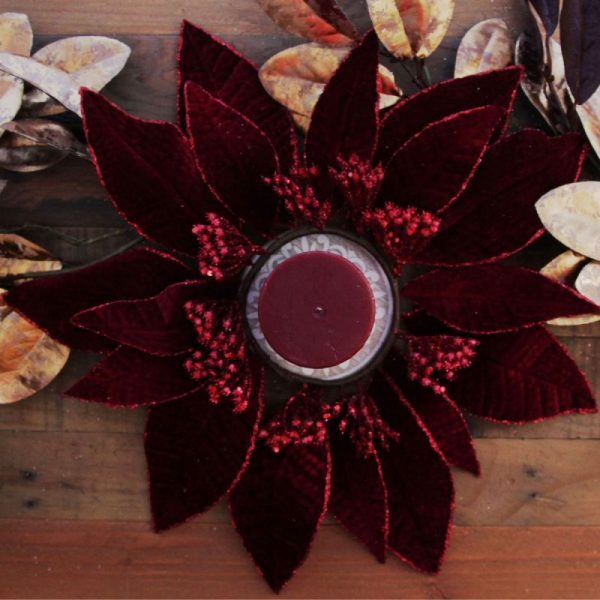 Sugar Plum Christmas Burgundy Velour Poinsettia Candle Wreath