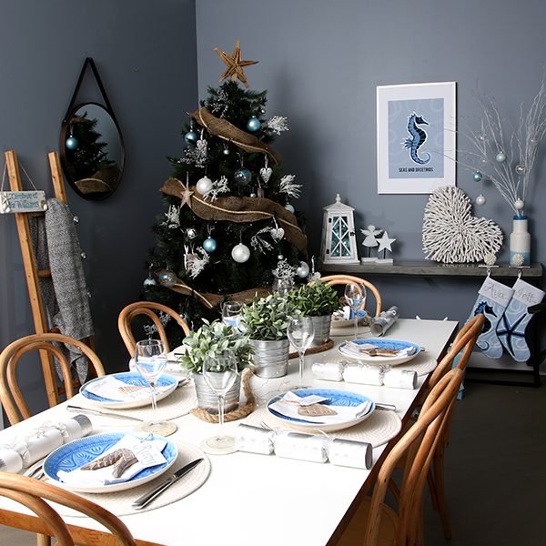Lifestyle Hamptons Theme - Dining set with a large Christmas tree in the corner
