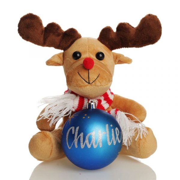 Reindeer Soft toy Gift pack with Blue Bauble Named Charlie