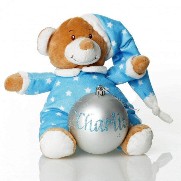 Blue Boy Starbright Teddy and Personalised Christmas Bauble Gift Pack