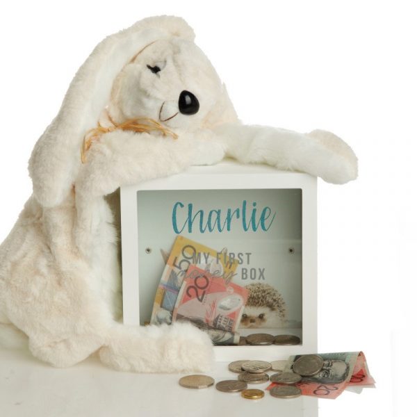 Personalised Baby My First Money Box Rabbit with coins and Cash inside the box and on the floor