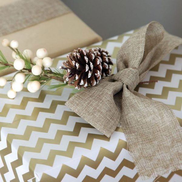 Gold and White Christmas Gifts with small pinecone